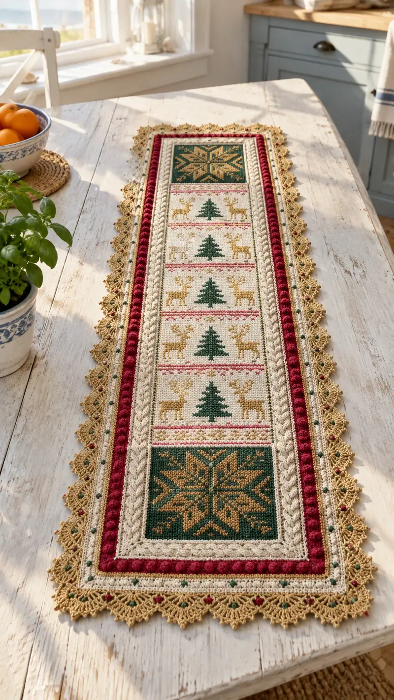 Festive Nordic Deer Table Runner Pattern crochet pattern - detailed view of completed project