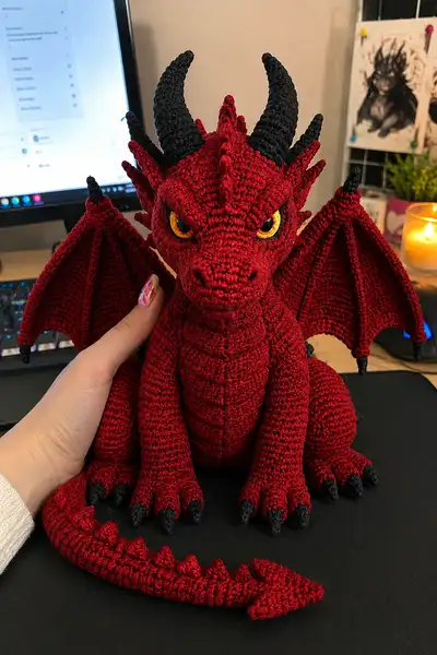 Giant Blood Red Halloween Dragon with Fierce Eyes Amigurumi Pattern step 1 - construction progress