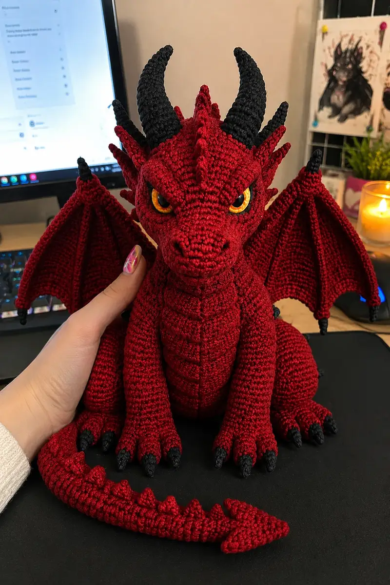Giant Blood Red Halloween Dragon with Fierce Eyes Amigurumi Pattern crochet pattern - detailed view of completed project