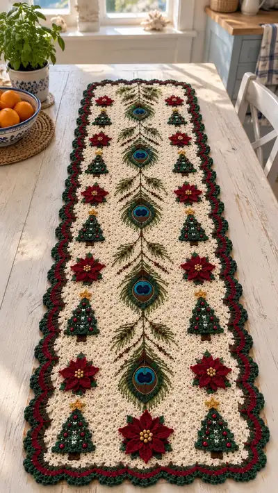 Peacock Feather Christmas Table Runner Pattern step 1 - construction progress
