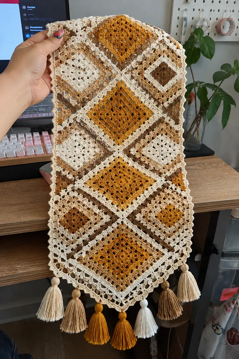 Candlelight Amber Diamond Table Runner Pattern crochet pattern - detailed view of completed project