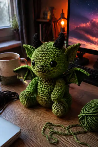 Small Green Demon Dragon with Little Bat Wings Amigurumi Pattern step 1 - construction progress