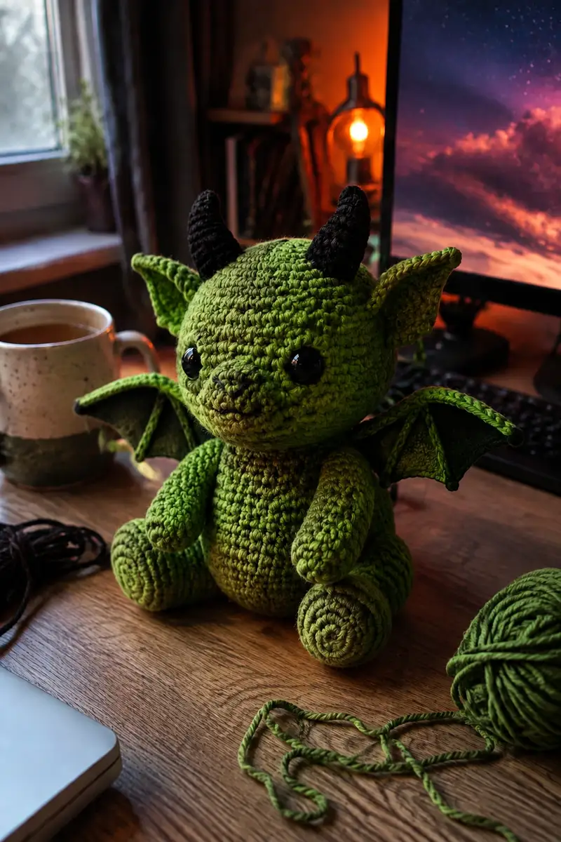 Small Green Demon Dragon with Little Bat Wings Amigurumi Pattern crochet pattern - detailed view of completed project