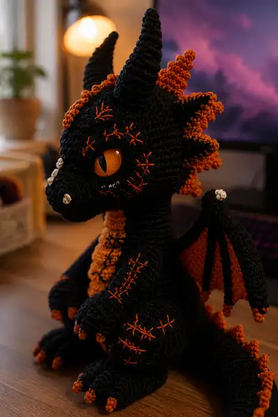 Halloween Spooky Dragon Amigurumi Pattern step 2 - assembly progress
