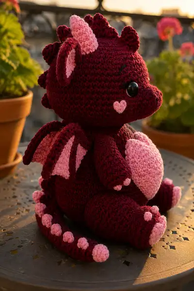 Big Burgundy Sweetheart Dragon Amigurumi Pattern step 2 - assembly progress