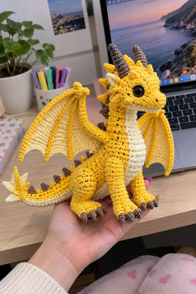 Golden Baby Dragon Amigurumi Pattern crochet pattern - detailed view of completed project