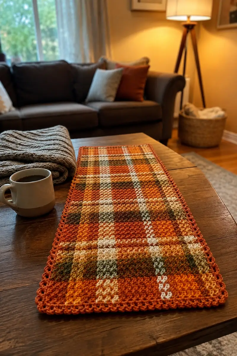 Mosaic Autumn Plaid Table Runner Pattern crochet pattern - detailed view of completed project