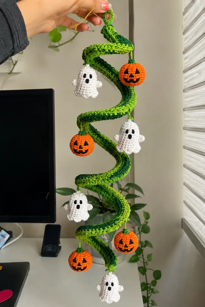 Green Glow Spiral Halloween Garland with Phantoms and Pumpkins Amigurumi Pattern crochet pattern - detailed view of completed project