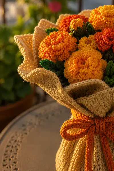 Marigold Orange and Yellow Crochet Bouquet Pattern step 2 - assembly progress