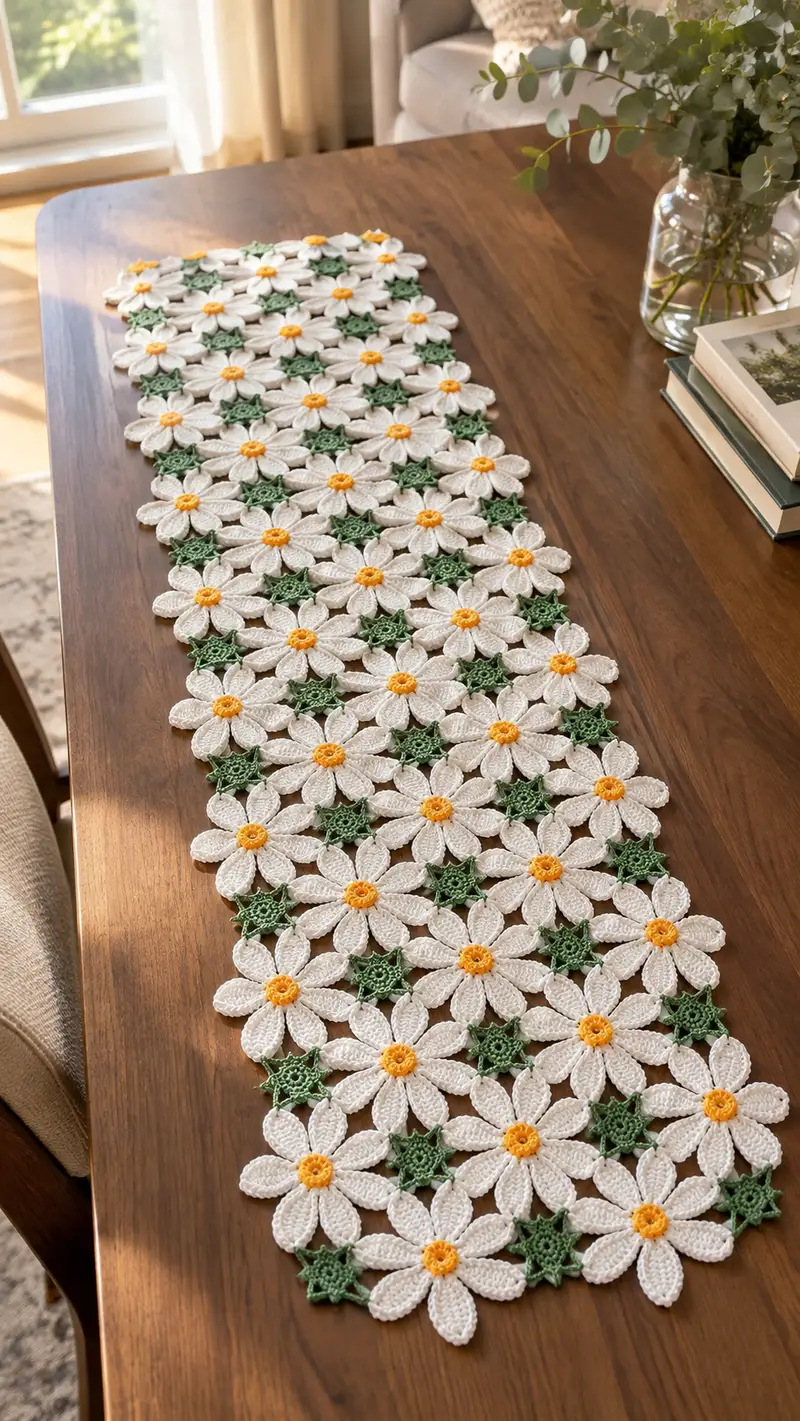 Daisy Meadow Table Runner Pattern crochet pattern - detailed view of completed project