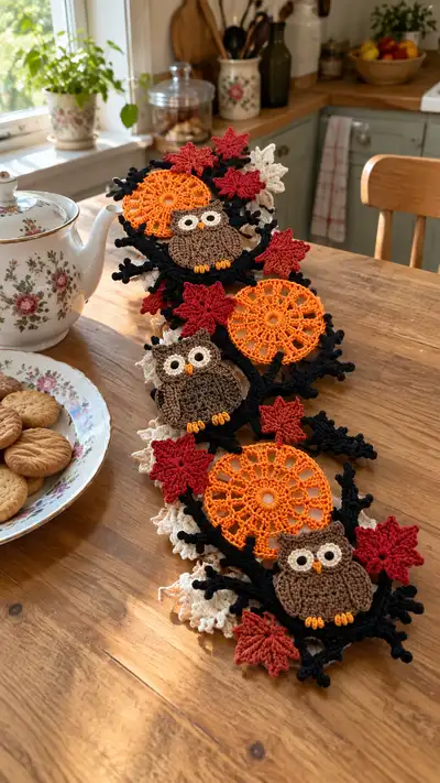 Autumn Owl Table Runner Pattern step 1 - construction progress