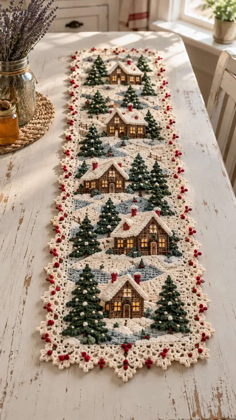 Cream And Forest Green Cabin Table Runner Pattern crochet pattern - detailed view of completed project