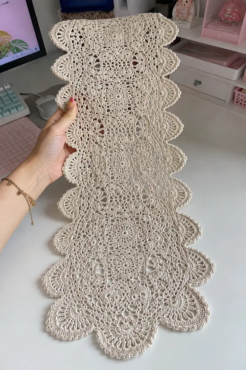 Ornate Victorian Lace Table Runner Pattern crochet pattern - detailed view of completed project