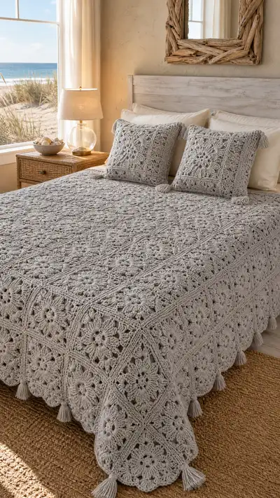 Dove Gray Floral Granny Bedspread Pattern step 1 - construction progress