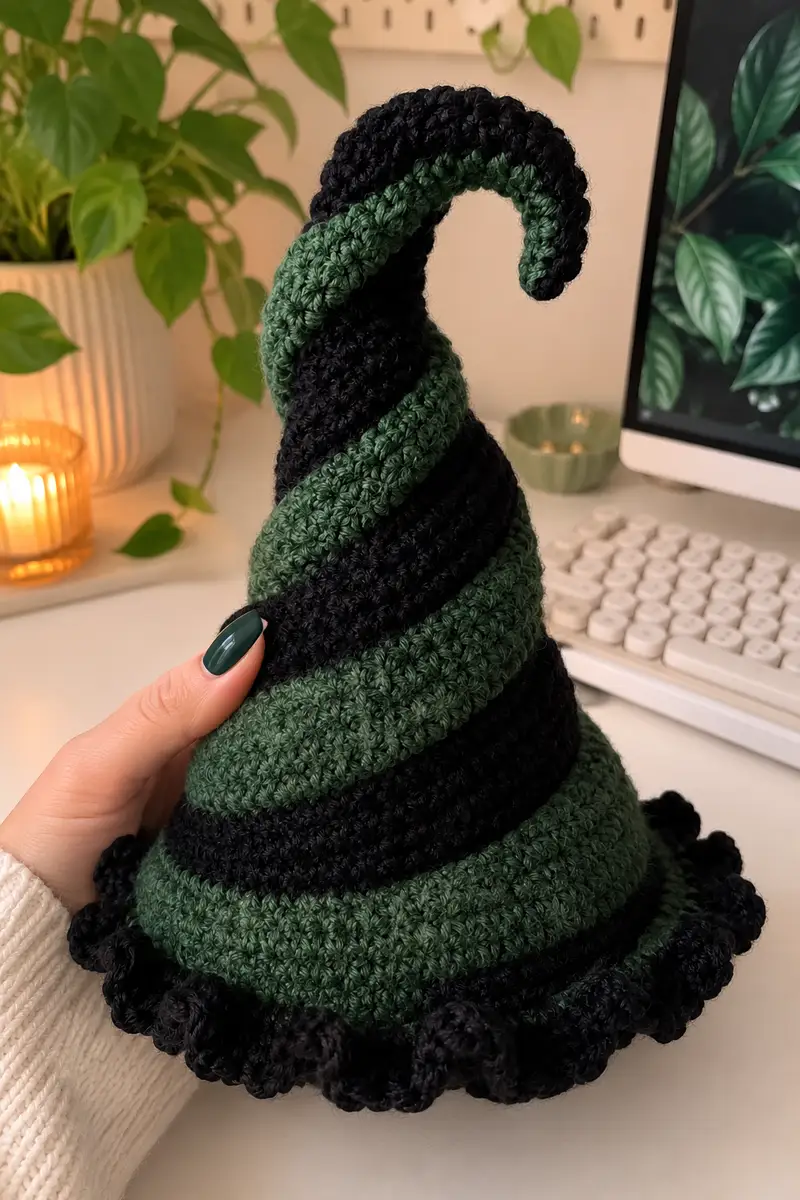 Witch's Brew Spiral Witch Hat Pattern crochet pattern - detailed view of completed project