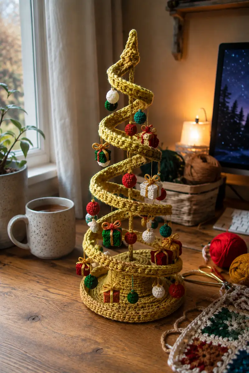 Gold Spiral Christmas Garland with Baubles and Tiny Presents Pattern crochet pattern - detailed view of completed project