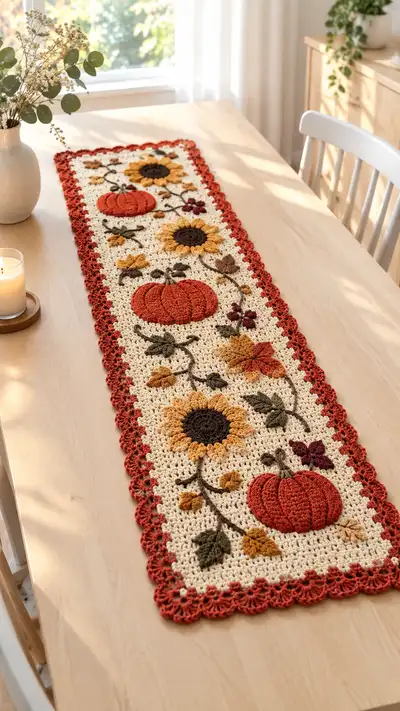 Autumn Pumpkin & Sunflower Table Runner Pattern step 1 - construction progress