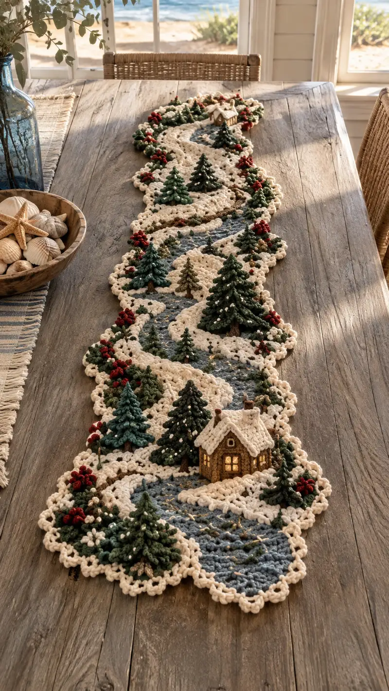 Cream And Blue Winter River Table Runner Pattern crochet pattern - detailed view of completed project