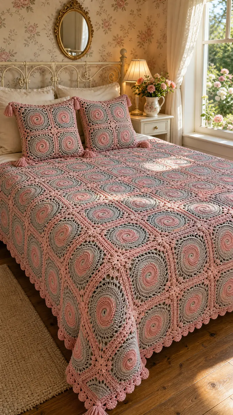 Dusty Rose Spiral Granny Bedspread Pattern crochet pattern - detailed view of completed project