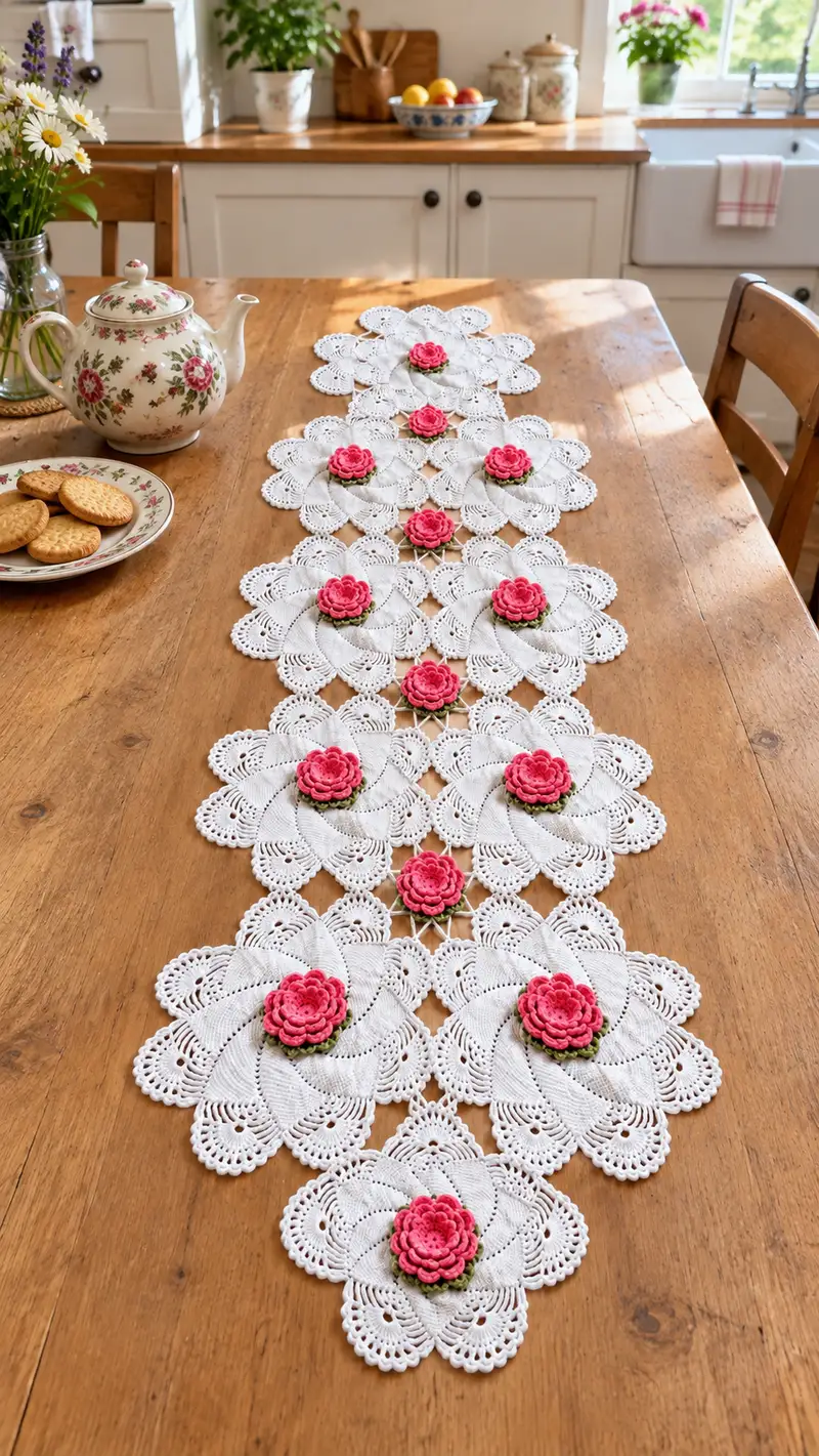 Vintage Rose Lace Table Runner Pattern crochet pattern - detailed view of completed project