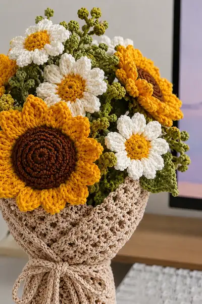 Sunflower and Daisy Crochet Bouquet Pattern step 2 - assembly progress