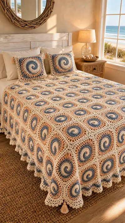 Coastal Spiral Granny Bedspread Pattern step 1 - construction progress