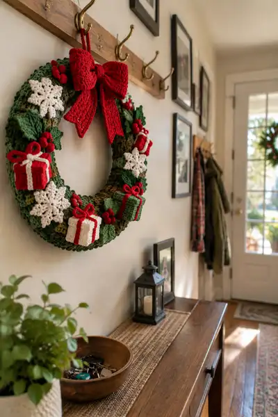 Christmas Wreath with Snowflake Holly and Gift Boxes Pattern step 1 - construction progress