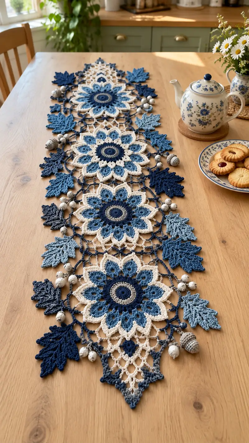 Free crochet pattern: Blue Floral Table Runner Pattern - Advanced level tutorial