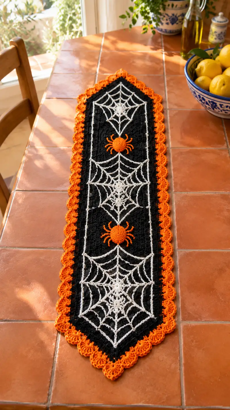Spooky Spiderweb Table Runner Pattern crochet pattern - detailed view of completed project