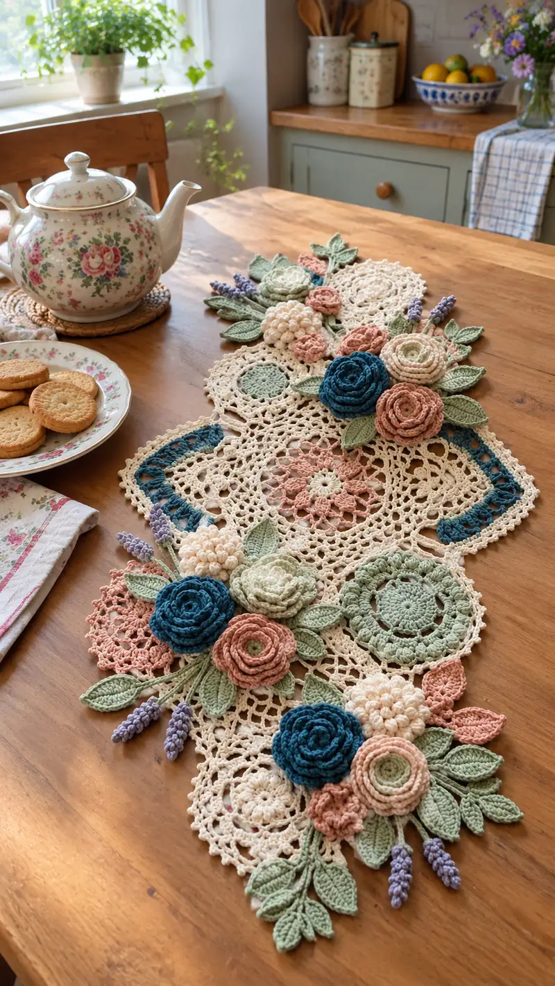 Vintage Floral Table Runner Pattern crochet pattern - detailed view of completed project