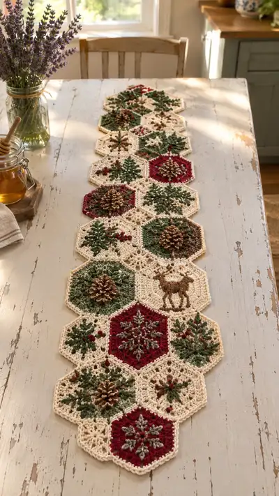 Burgundy Green Pinecone Hexagon Table Runner Pattern step 1 - construction progress