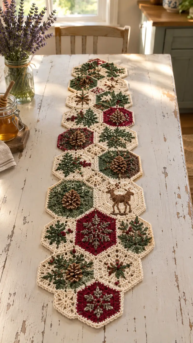Burgundy Green Pinecone Hexagon Table Runner Pattern crochet pattern - detailed view of completed project