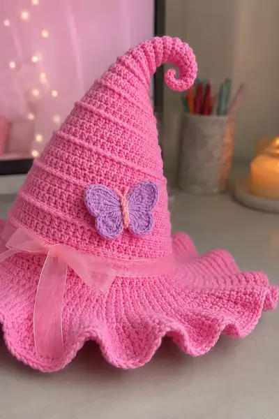 Big Bubblegum Pink Spiral Witch Hat with Butterflies and Ribbon Pattern step 2 - assembly progress