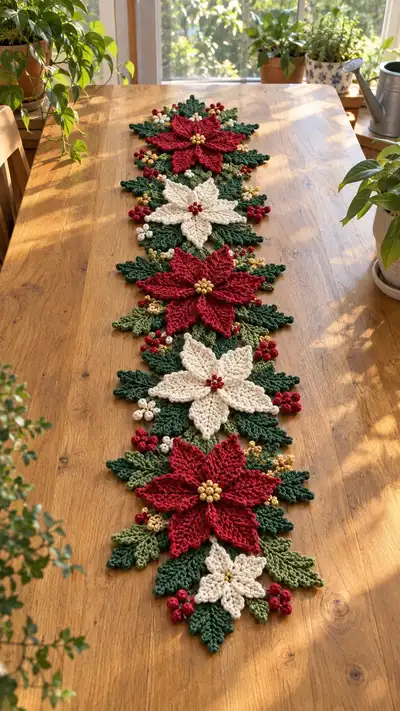 Festive Poinsettia Table Runner Pattern step 1 - construction progress