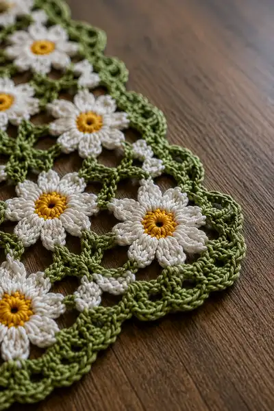 Spring Daisy Chain Openwork Table Runner Pattern step 2 - assembly progress