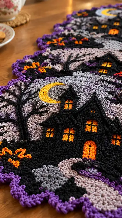 Haunted House Halloween Table Runner Pattern step 2 - assembly progress