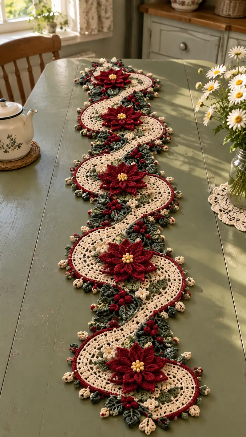 Crimson Poinsettia Cream Lace Table Runner Pattern crochet pattern - detailed view of completed project