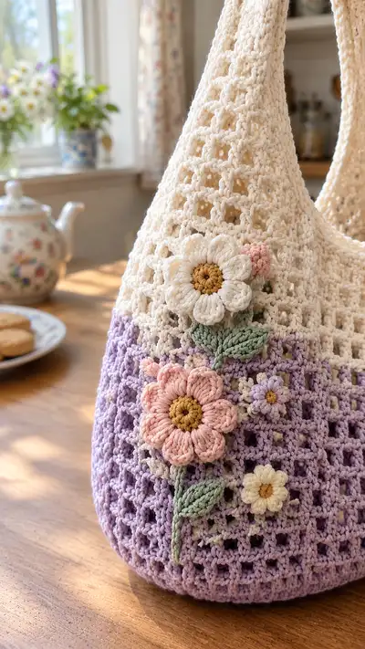 Pastel Floral Mesh Market Bag Pattern step 2 - assembly progress