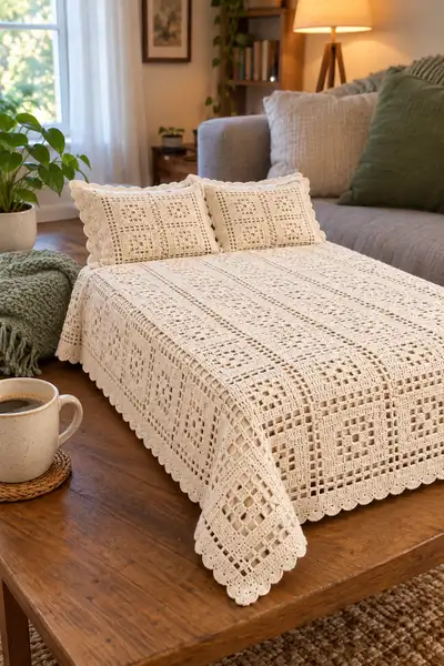 Cozy Farmhouse Bedspread Pattern step 2 - assembly progress