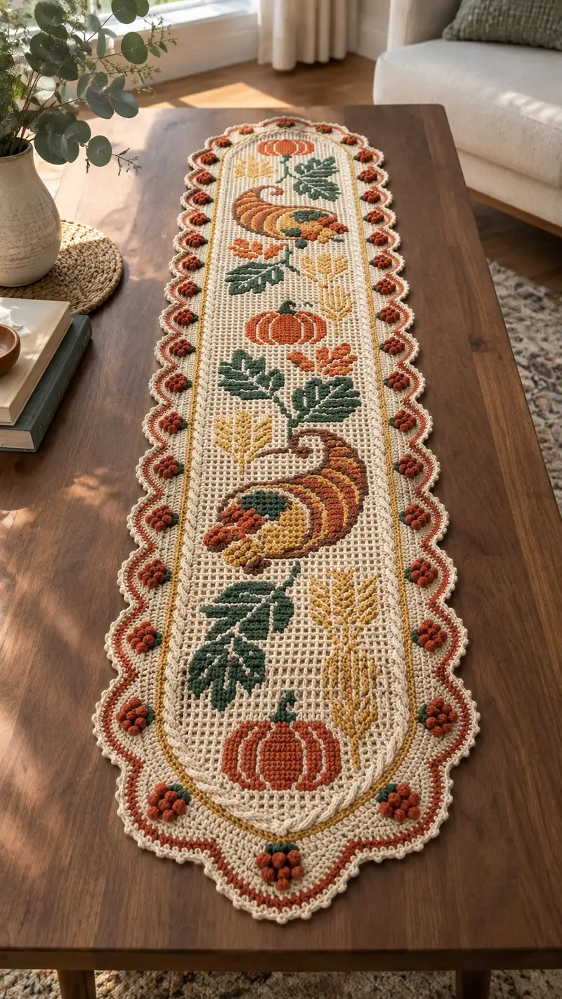 Autumn Cornucopia Table Runner Pattern crochet pattern - detailed view of completed project
