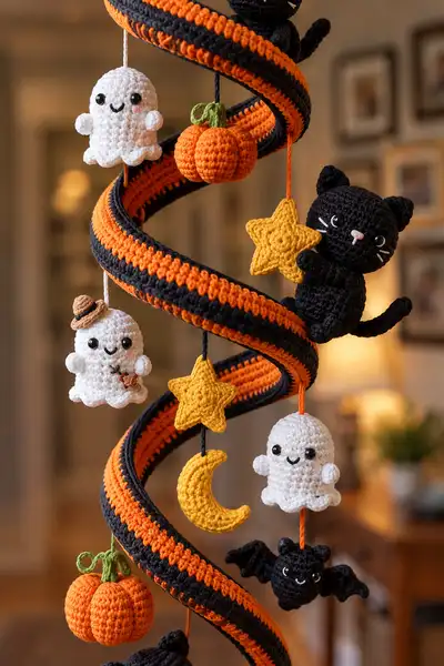 Spooky Spiral Halloween Mobile Amigurumi Pattern step 2 - assembly progress