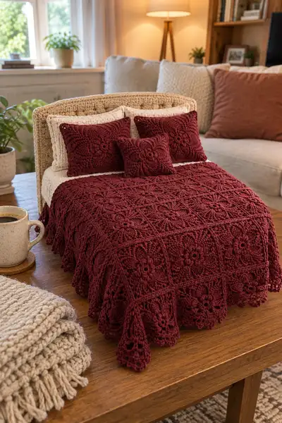 Deep Burgundy Floral Square Bedspread Pattern step 2 - assembly progress