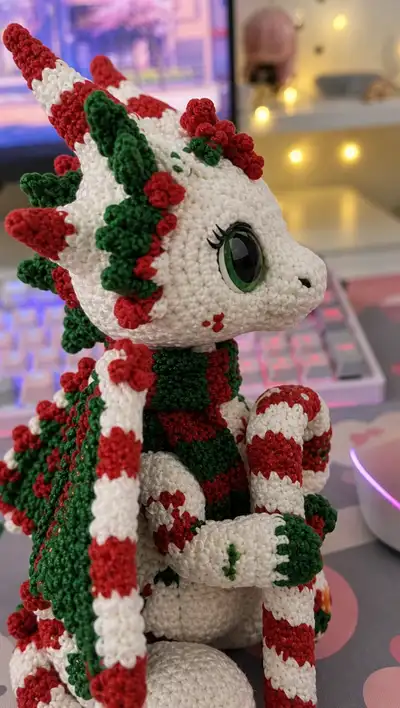 Candy Cane Holiday Dragon Amigurumi Pattern step 2 - assembly progress