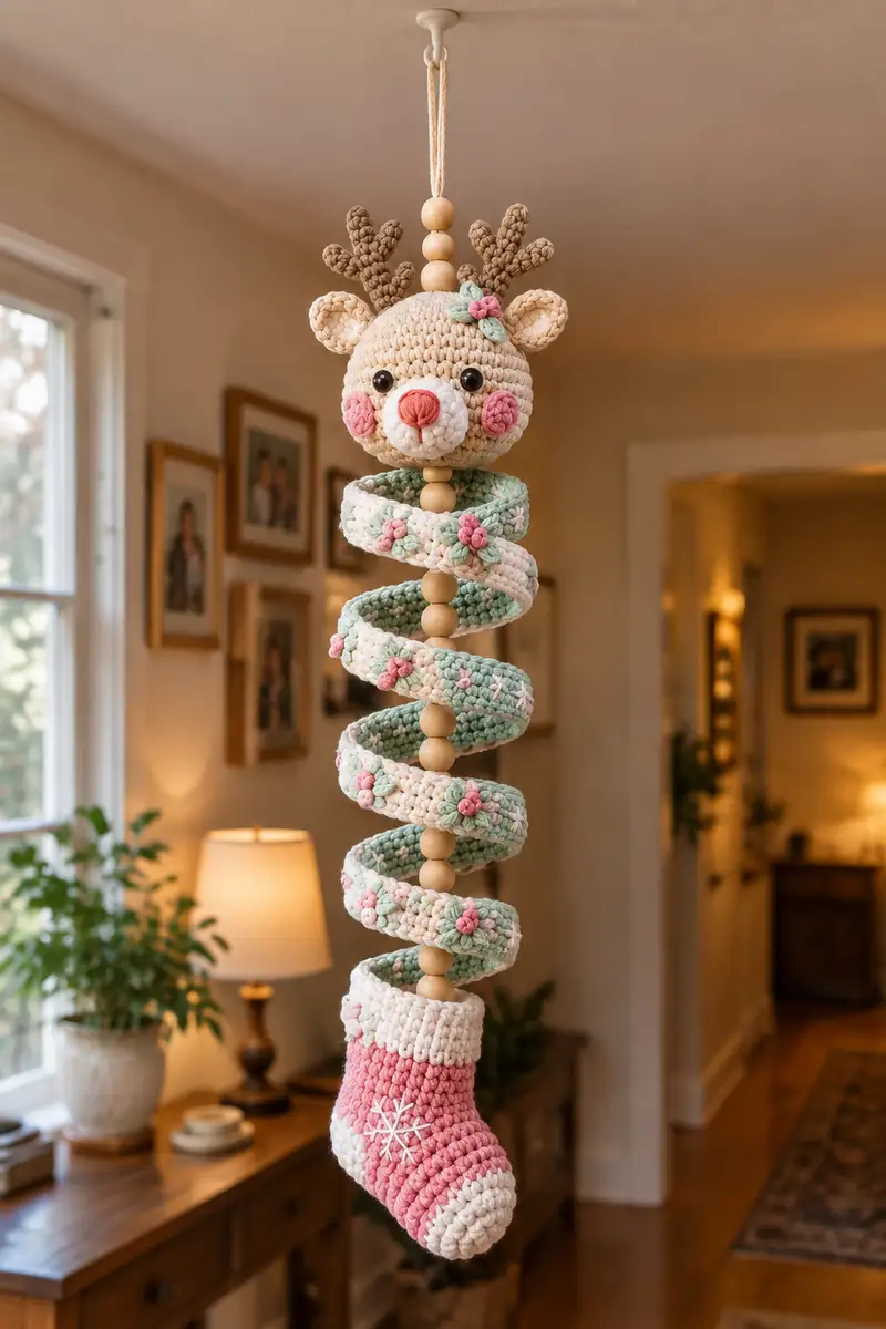 Cute Deer Christmas Spiral Garland Amigurumi Pattern crochet pattern - detailed view of completed project