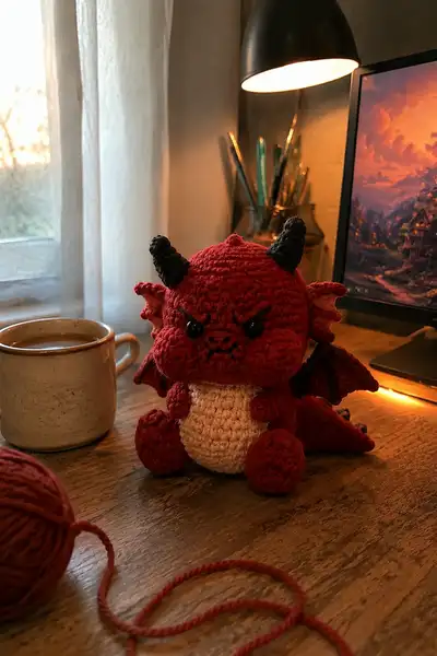 Tiny Angry Devil Dragon Amigurumi Pattern step 1 - construction progress