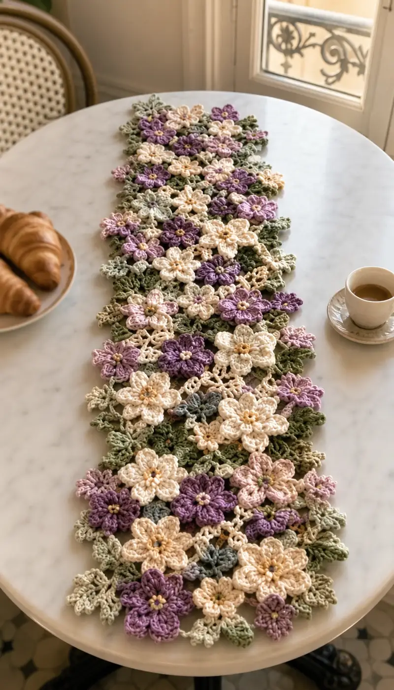 Lavender And Cream Floral Table Runner Pattern crochet pattern - detailed view of completed project