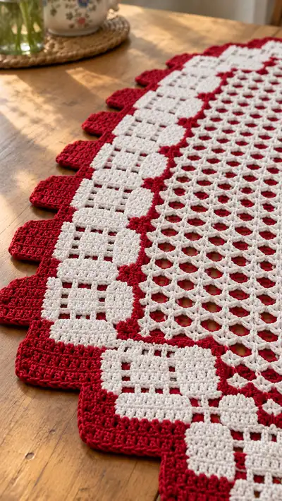 Vintage Red and White Filet Table Runner Pattern step 2 - assembly progress