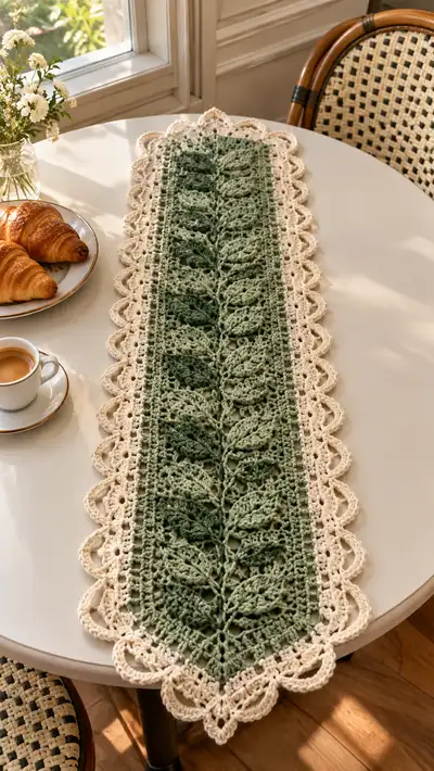 Sage Leaf Lace Crochet Table Runner Pattern step 1 - construction progress