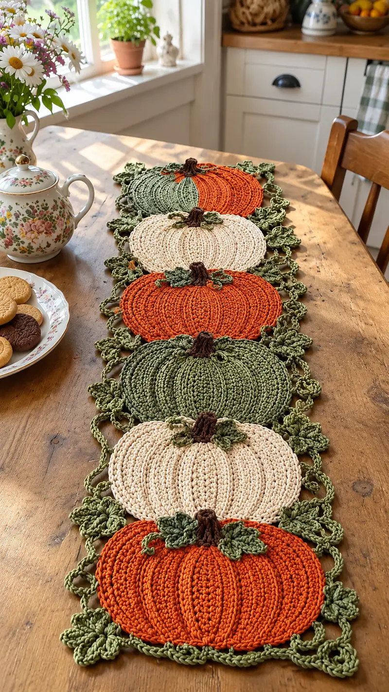 Pumpkin Patch Table Runner Pattern crochet pattern - detailed view of completed project