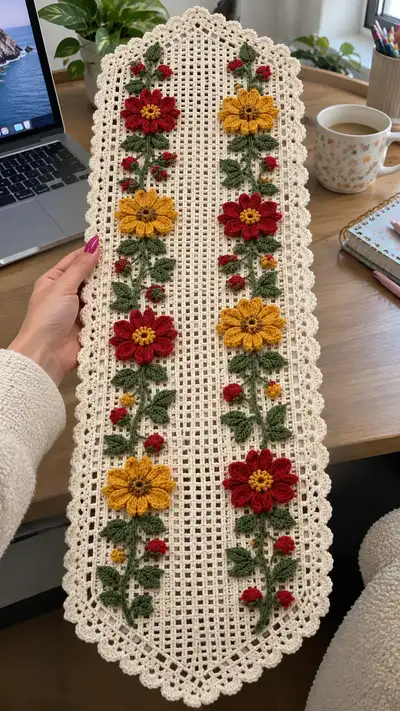 Floral Filet Table Runner Pattern step 1 - construction progress